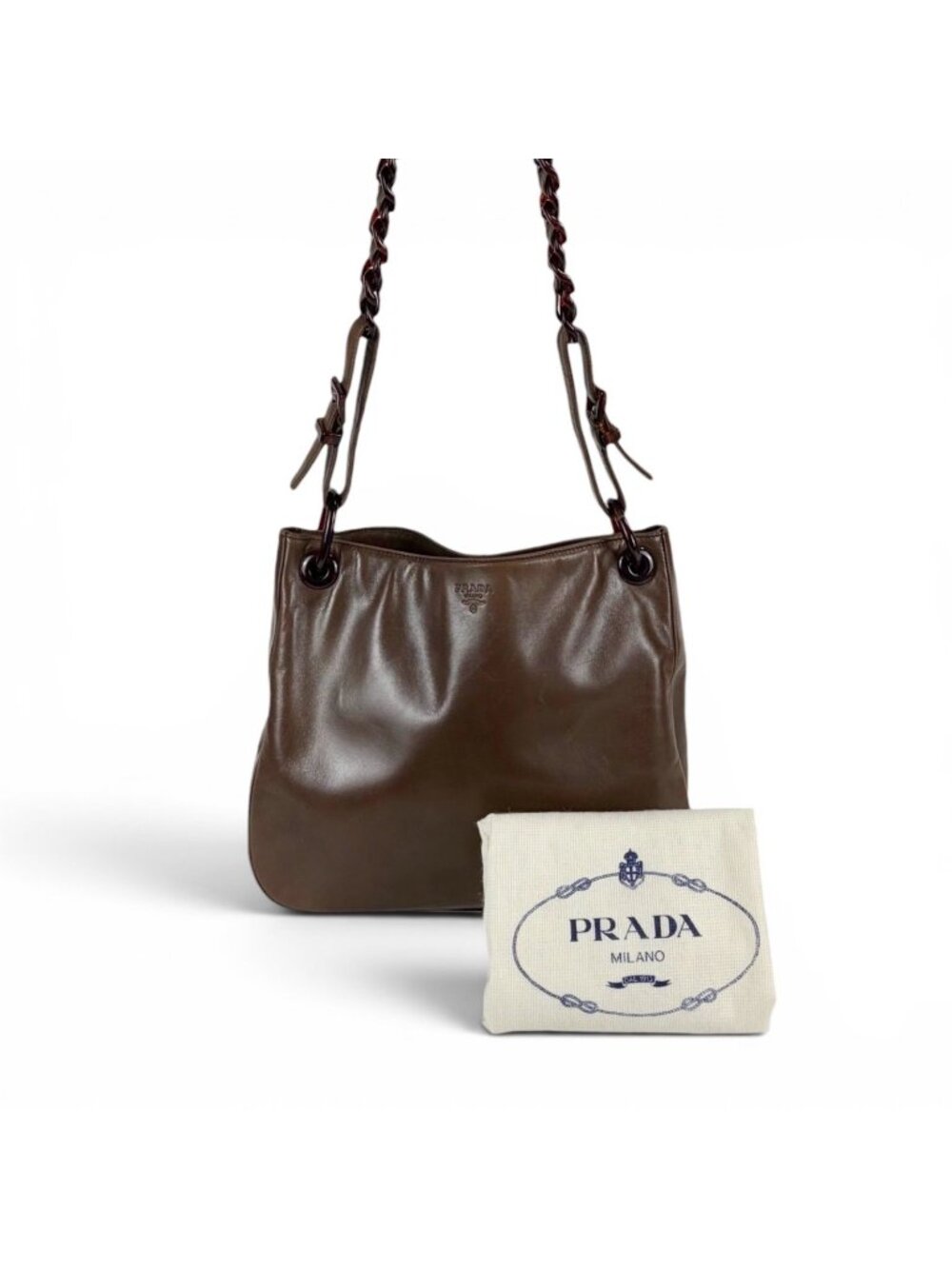 Prada Plastics Chain Hobo Leather Plastic Shoulder Bag Nappa Brown